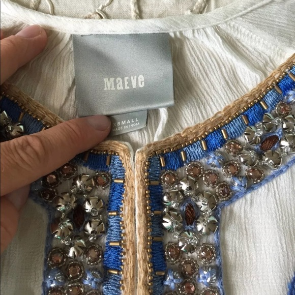 Anthropologie Maeve embellished embroidered top XS jeweled boho gauzy white - Picture 4 of 8